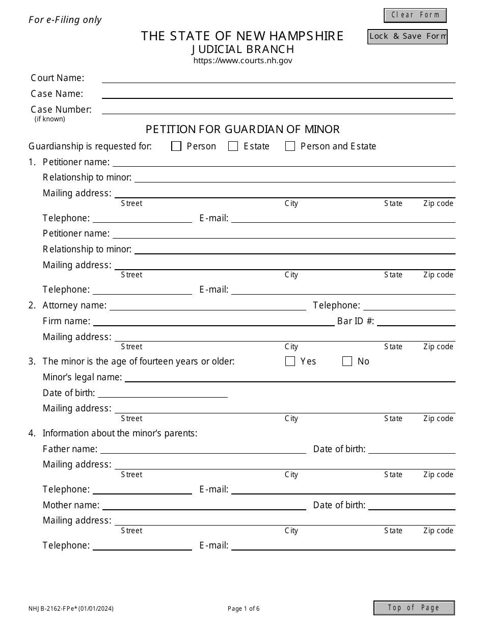 Form NHJB-2162-FPE Petition for Guardian of Minor - New Hampshire, Page 1