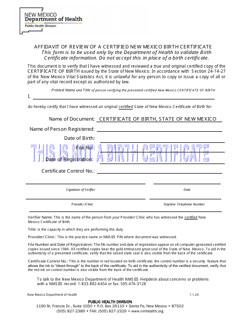Affidavit of Review of a Certified New Mexico Birth Certificate - New Mexico
