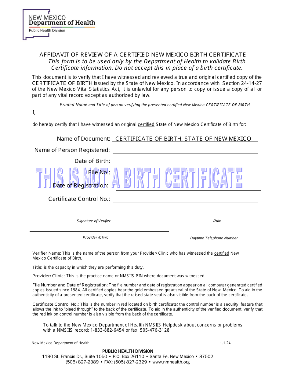 Affidavit of Review of a Certified New Mexico Birth Certificate - New Mexico, Page 1
