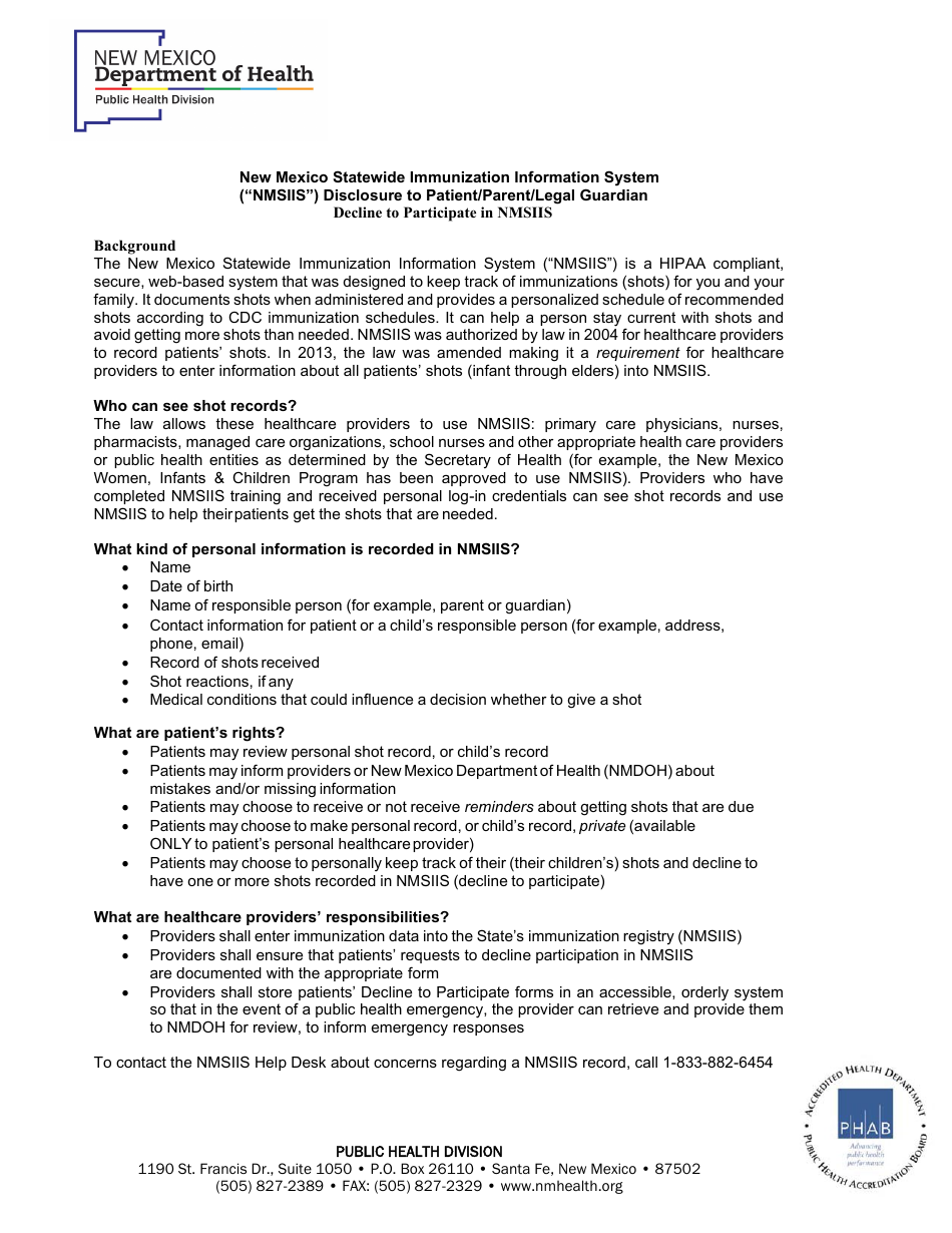 New Mexico Statewide Immunization Information System (nmsiis) Disclosure to Patient / Parent / Legal Guardian Decline to Participate in Nmsiis - New Mexico, Page 1