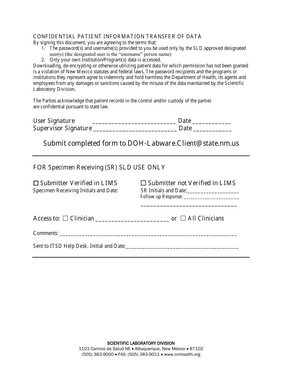 Request for Access to the Scientific Laboratory Division (Sld) Labware Client Portal Lims - New Mexico, Page 2