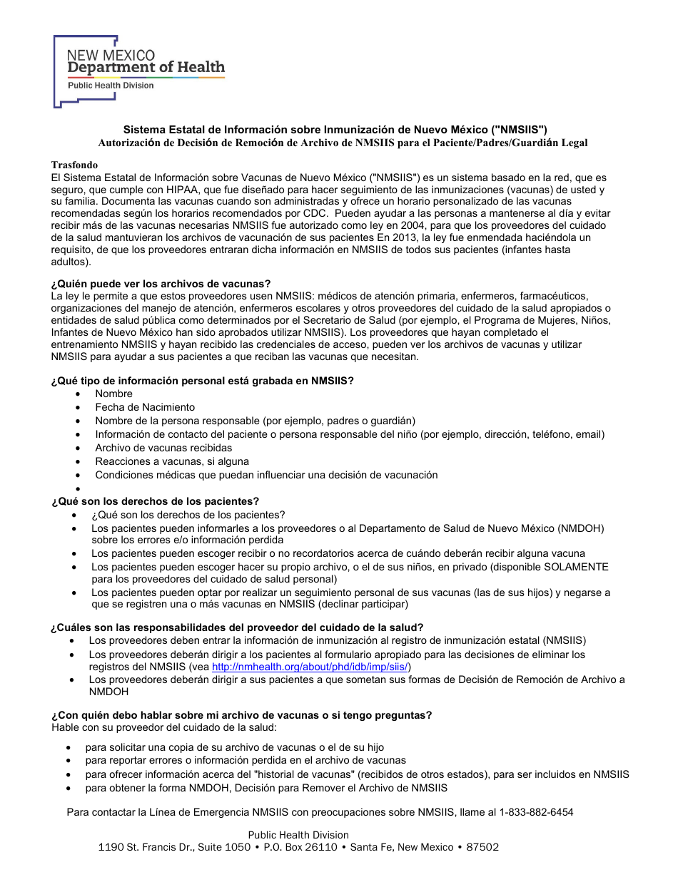 Decision De Remocion De Archivo De Vacunacion Del Sistema Estatal De Informacion Sobre Vacunas (nmsiis) De Nuevo Mexico - New Mexico (Spanish), Page 1