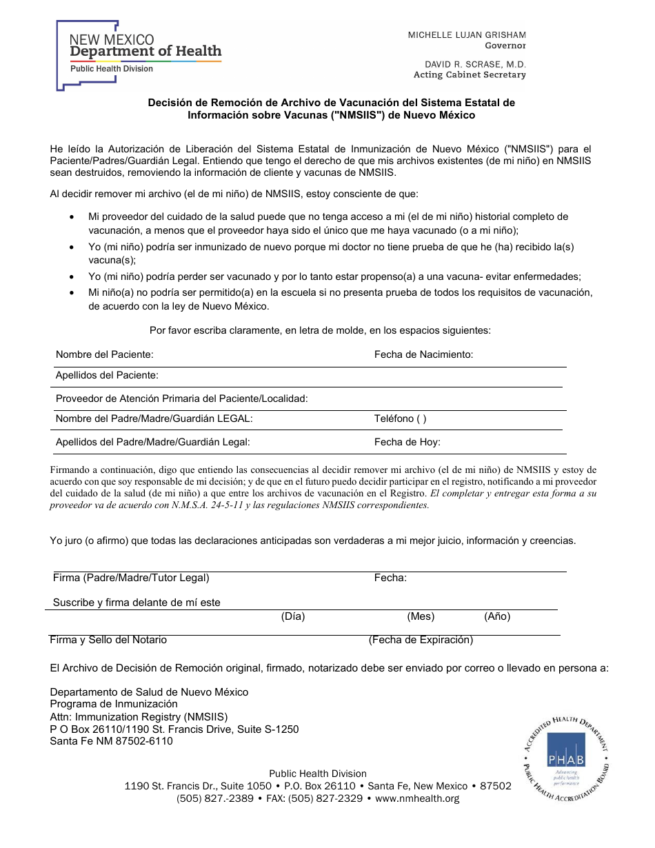 Decision De Remocion De Archivo De Vacunacion Del Sistema Estatal De Informacion Sobre Vacunas (nmsiis) De Nuevo Mexico - New Mexico (Spanish), Page 3