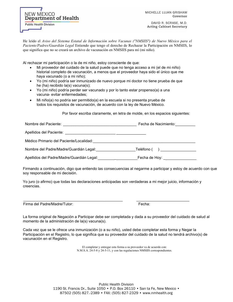 Aviso Del Sistema Estatal De Informacion Sobre Vacunas (nmsiis) De Nuevo Mexico Para El Paciente / Padres / Guardian Legal - Negarse a La Participacion En Nmsiis - New Mexico (Spanish), Page 2