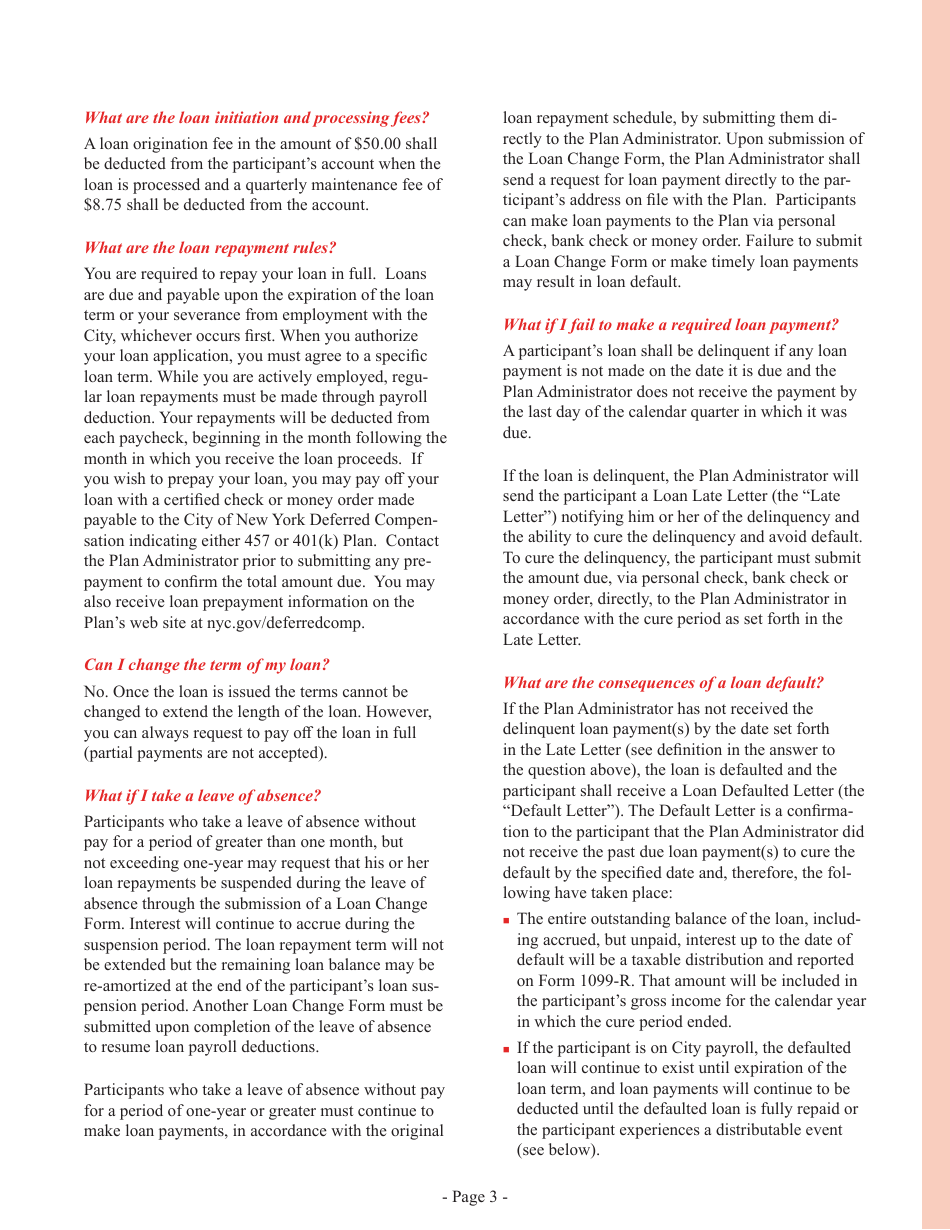 Deferred Compensation Plan Loan Application - New York City, Page 3