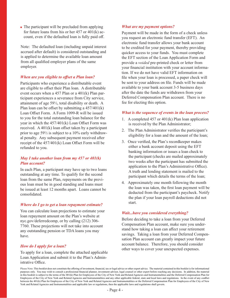 Deferred Compensation Plan Loan Application - New York City, Page 4