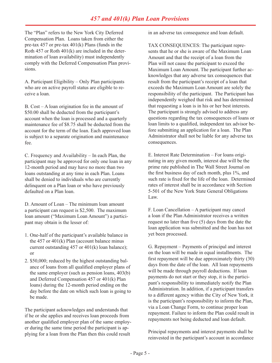 Deferred Compensation Plan Loan Application - New York City, Page 5