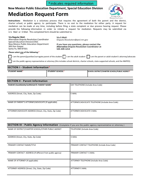 Mediation Request Form - New Mexico Download Pdf