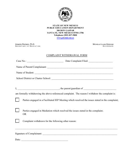 Complaint Withdrawal Form - New Mexico Download Pdf