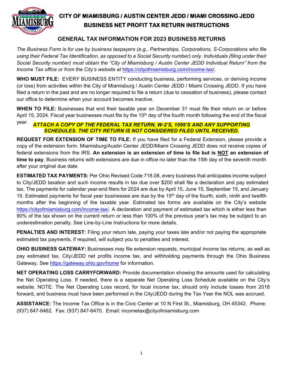 Business Net Profit Tax Return - City of Miamisburg, Ohio, Page 3