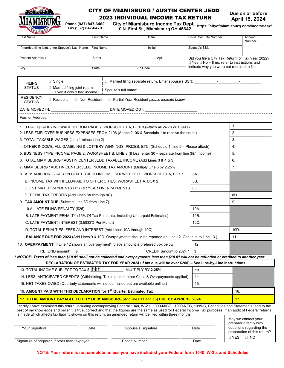 Individual Income Tax Return - City of Miamisburg, Ohio, Page 1