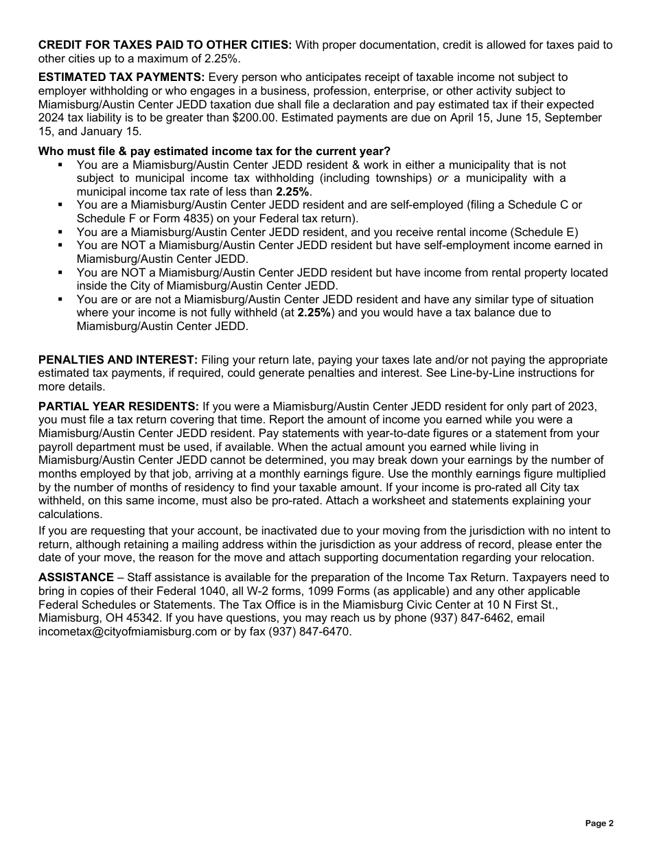 Instructions for Individual Income Tax Return - City of Miamisburg, Ohio, Page 2