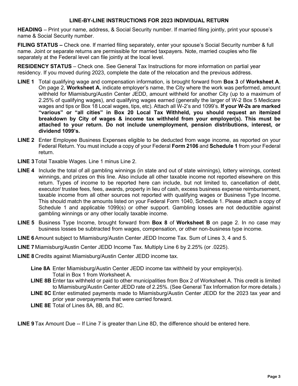Instructions for Individual Income Tax Return - City of Miamisburg, Ohio, Page 3
