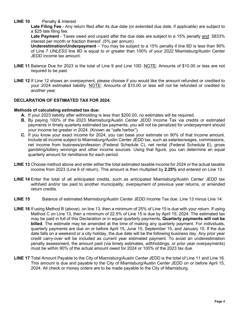 Instructions for Individual Income Tax Return - City of Miamisburg, Ohio, Page 4