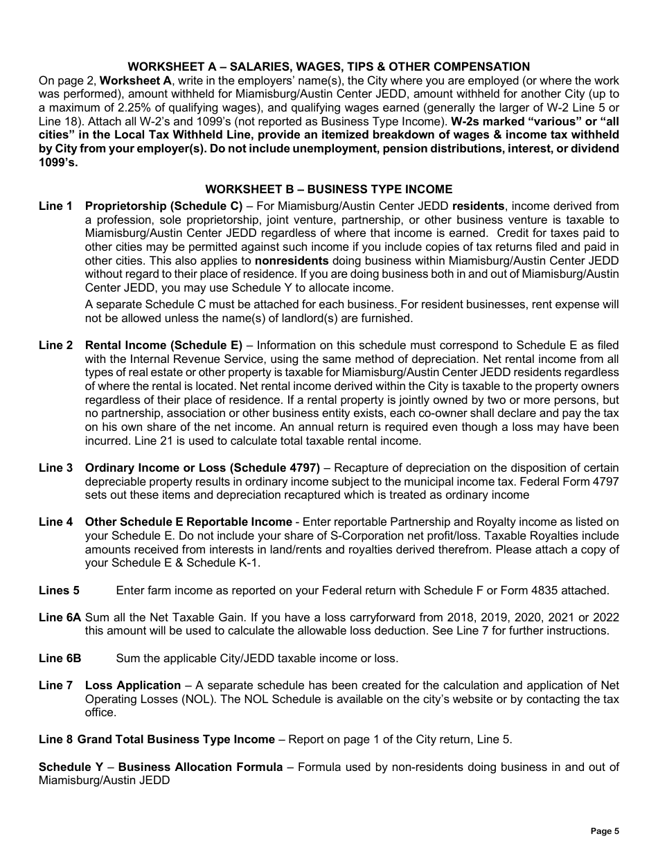 Instructions for Individual Income Tax Return - City of Miamisburg, Ohio, Page 5