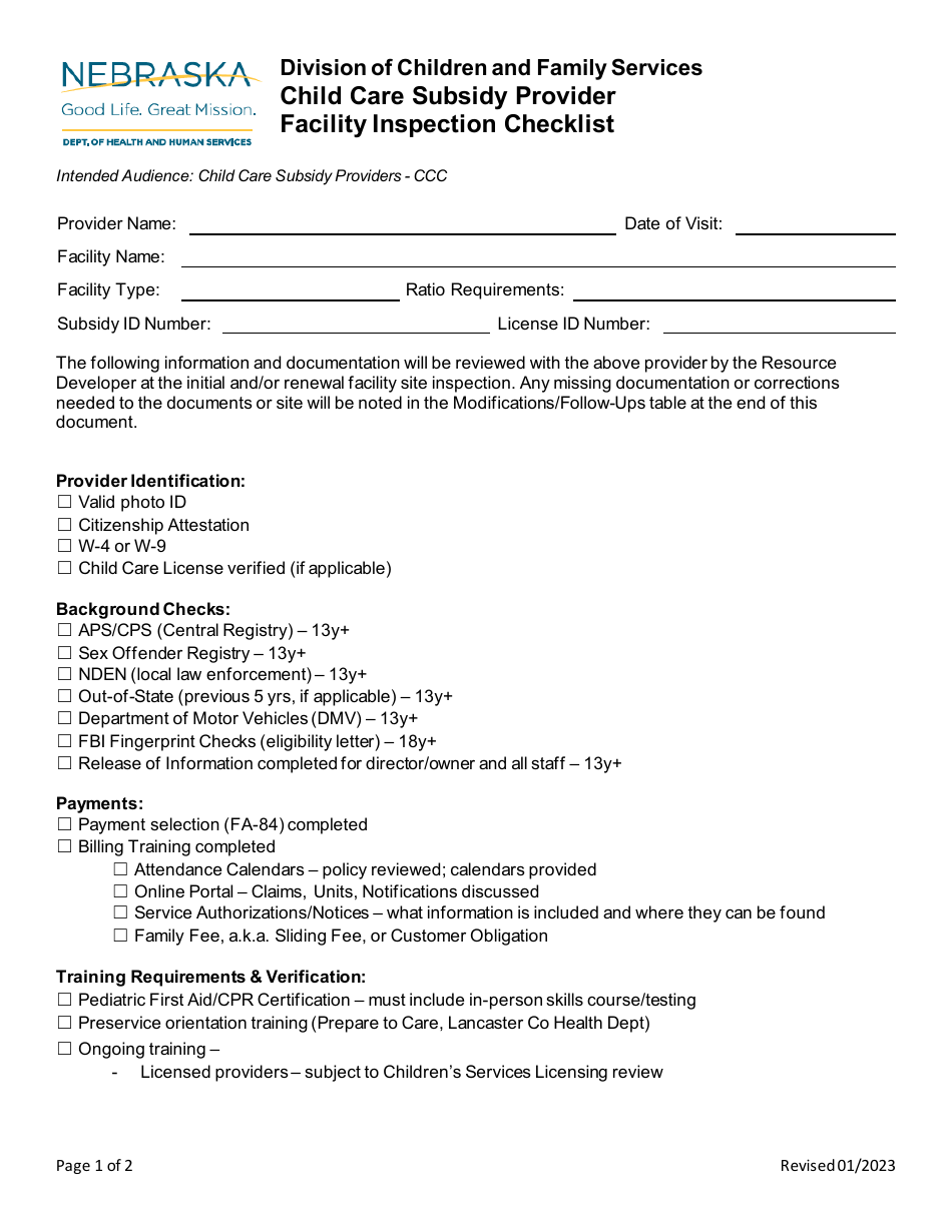 Child Care Subsidy Provider Facility Inspection Checklist - Nebraska, Page 1