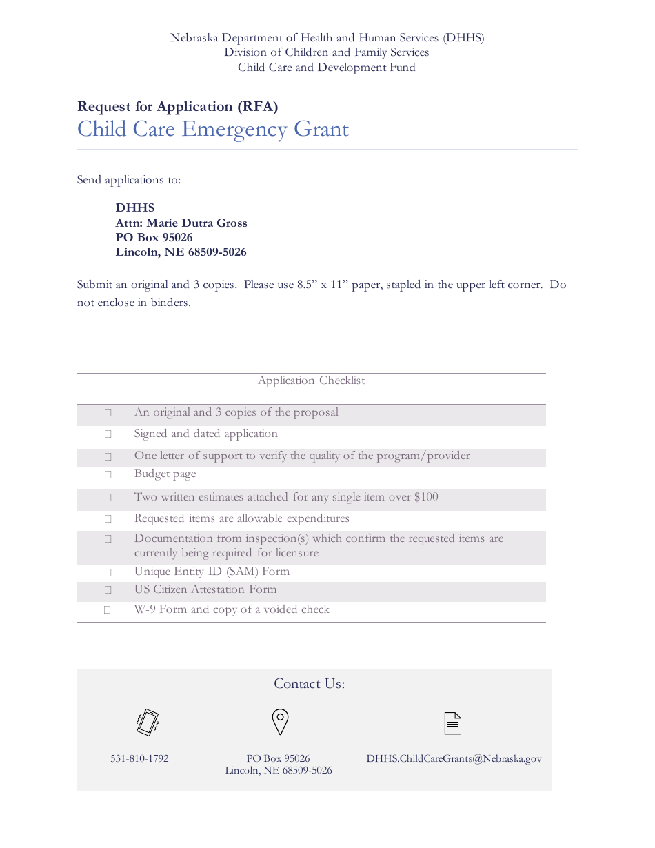 Child Care Emergency Grant Application Form - Nebraska, Page 1
