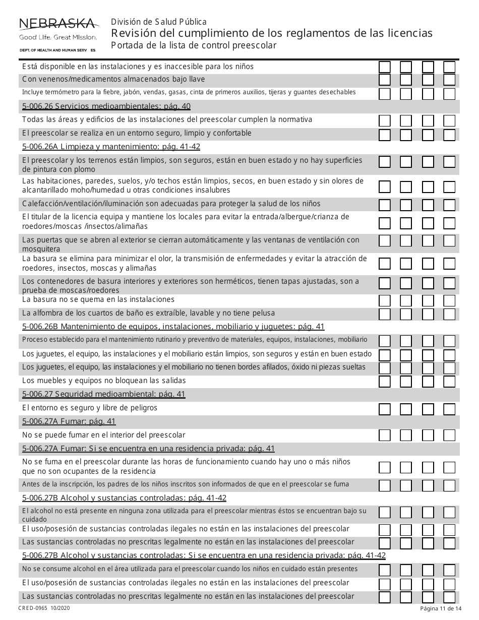 Formulario CRED-0965 Revision Del Cumplimiento De Los Reglamentos De Las Licencias - Nebraska (Spanish), Page 11