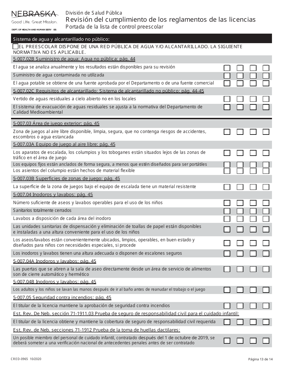 Formulario CRED-0965 Revision Del Cumplimiento De Los Reglamentos De Las Licencias - Nebraska (Spanish), Page 13
