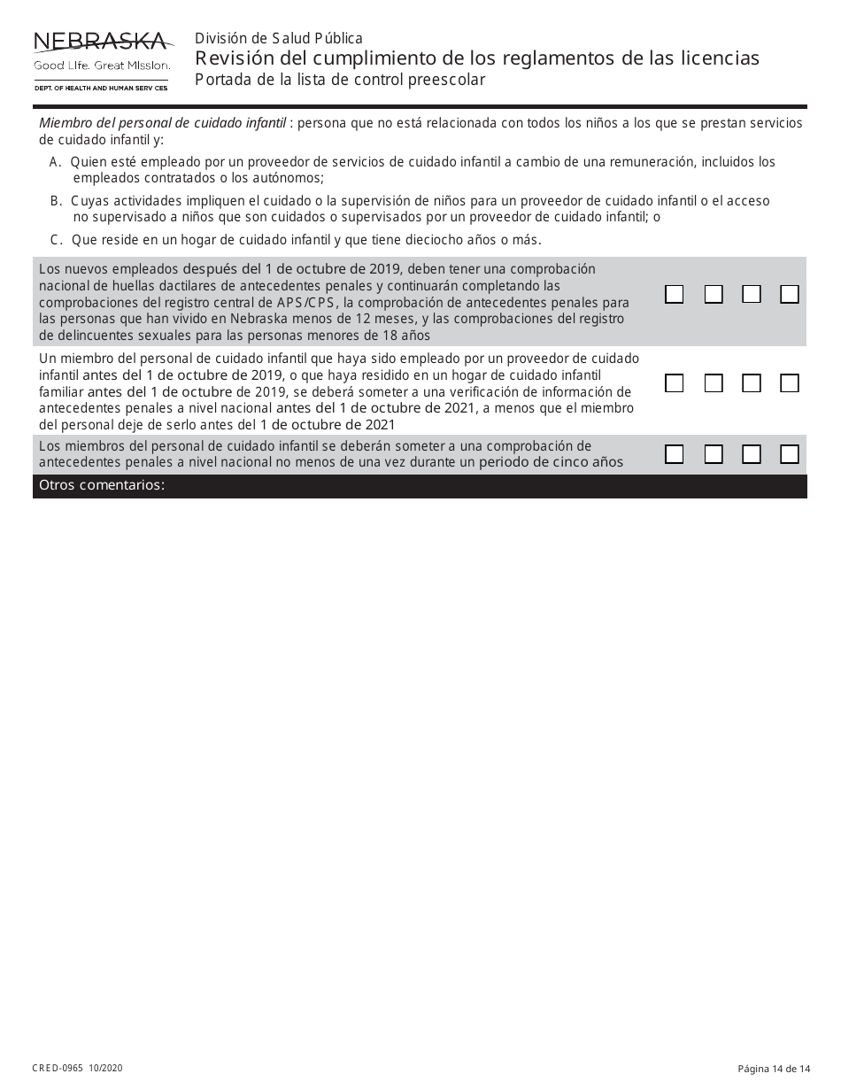 Formulario CRED-0965 Revision Del Cumplimiento De Los Reglamentos De Las Licencias - Nebraska (Spanish), Page 14