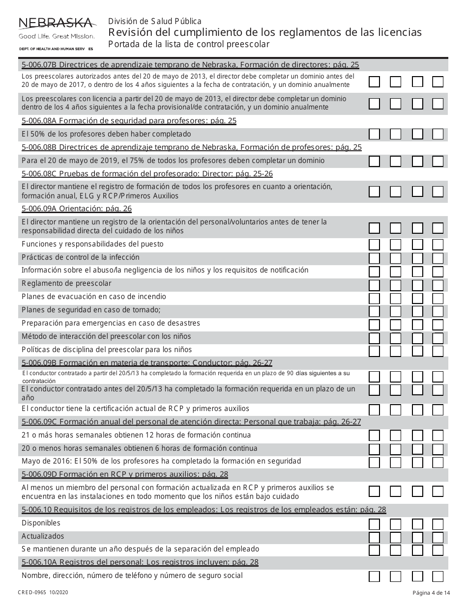 Formulario CRED-0965 Revision Del Cumplimiento De Los Reglamentos De Las Licencias - Nebraska (Spanish), Page 4