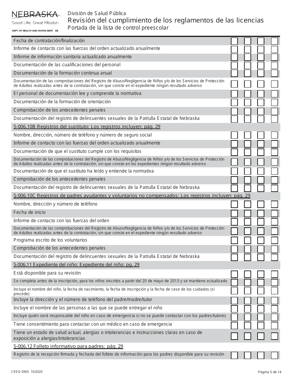 Formulario CRED-0965 Revision Del Cumplimiento De Los Reglamentos De Las Licencias - Nebraska (Spanish), Page 5