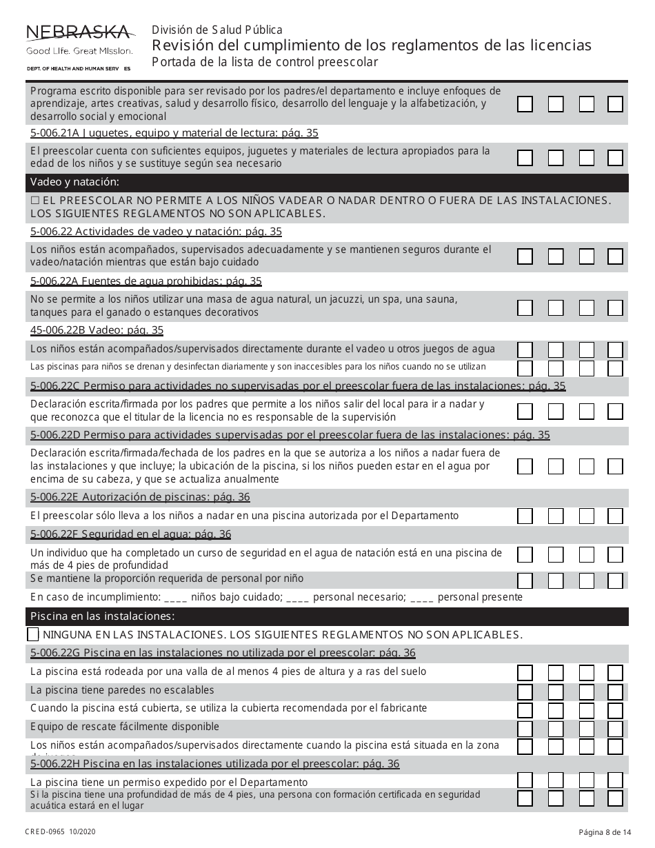 Formulario CRED-0965 Revision Del Cumplimiento De Los Reglamentos De Las Licencias - Nebraska (Spanish), Page 8