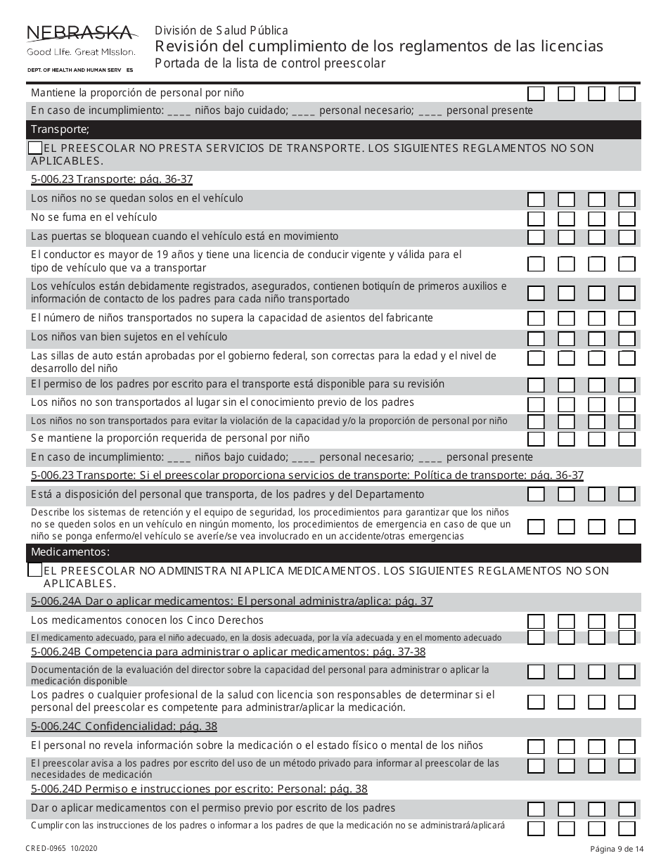 Formulario CRED-0965 Revision Del Cumplimiento De Los Reglamentos De Las Licencias - Nebraska (Spanish), Page 9