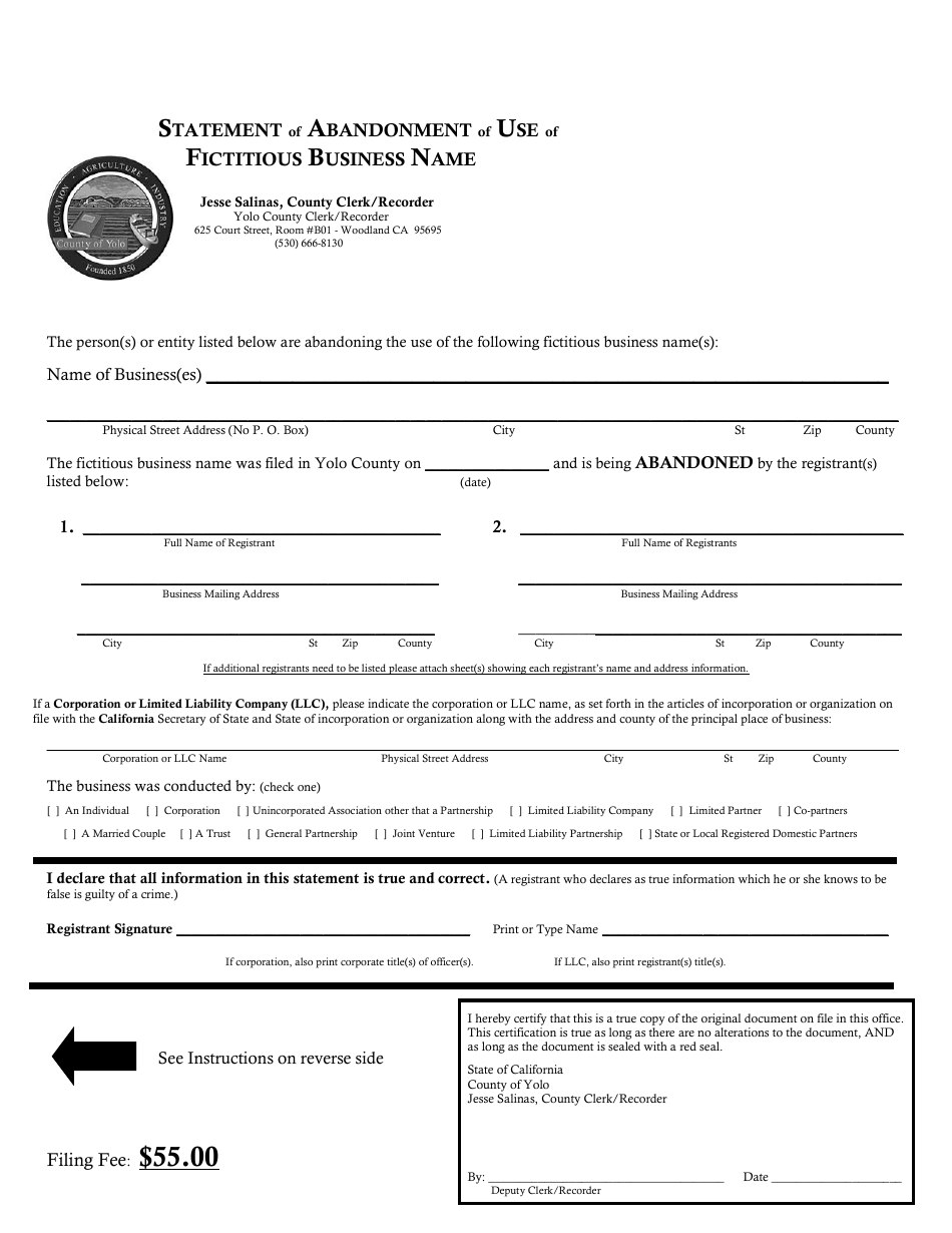 Yolo County California Statement Of Abandonment Of Use Of Fictitious Business Name Fill Out 5970