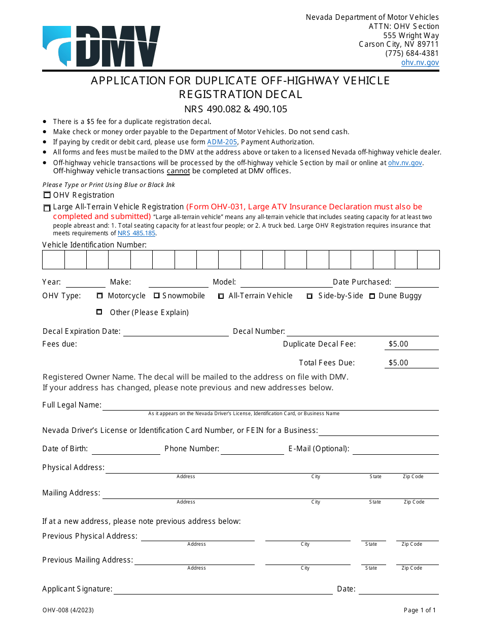 Form OHV-008 Application for Duplicate Off-Highway Vehicle Registration Decal - Nevada, Page 1
