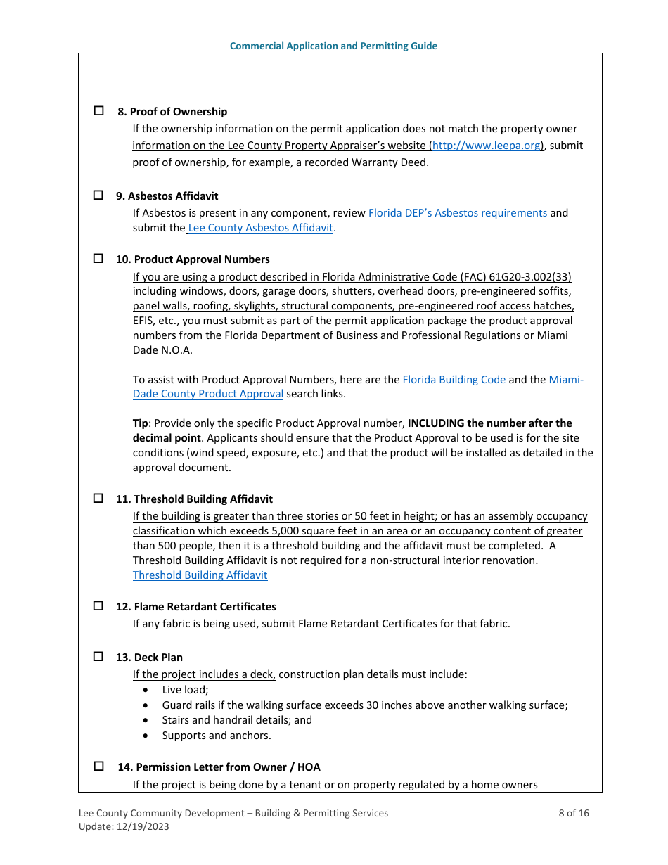 Instructions for Commercial Building Permit Application - Lee County, Florida, Page 8