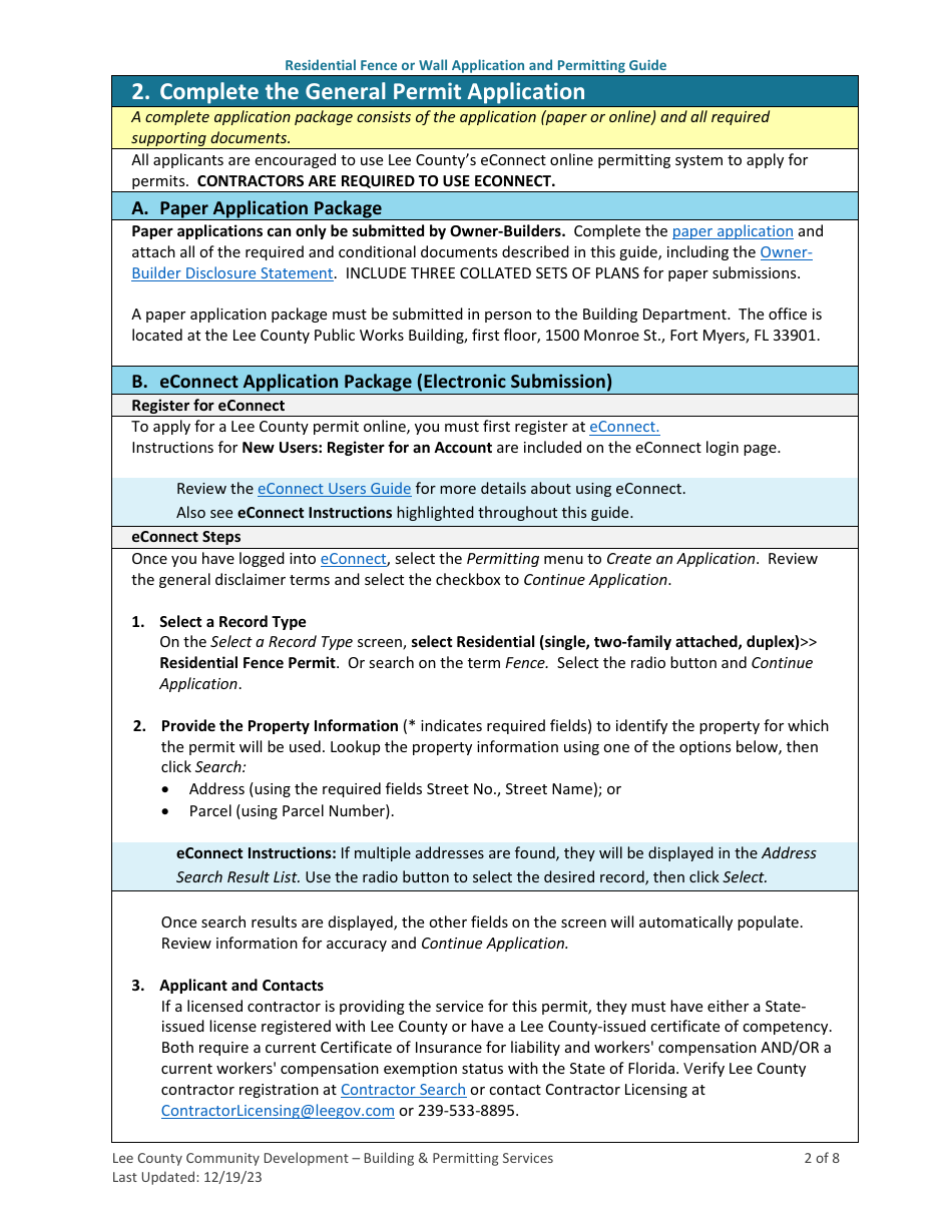 Residential Fence or Wall Application and Permitting Guide - Lee County, Florida, Page 2