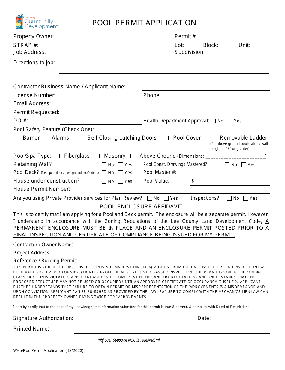 Pool Permit Application - Lee County, Florida, Page 1