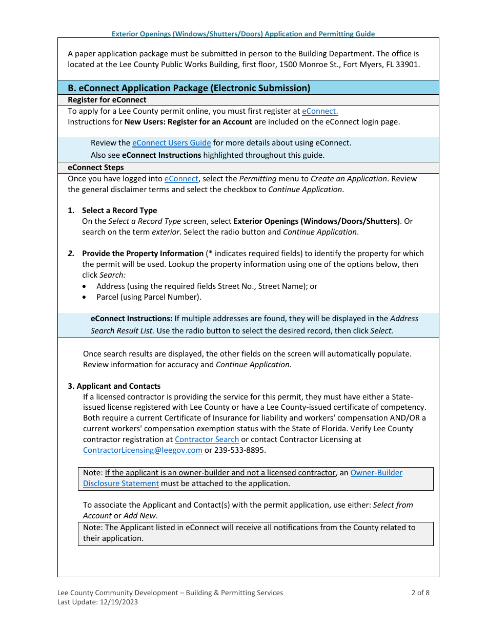 Exterior Openings (Windows / Shutters / Doors) Application and Permitting Guide - Lee County, Florida, Page 2