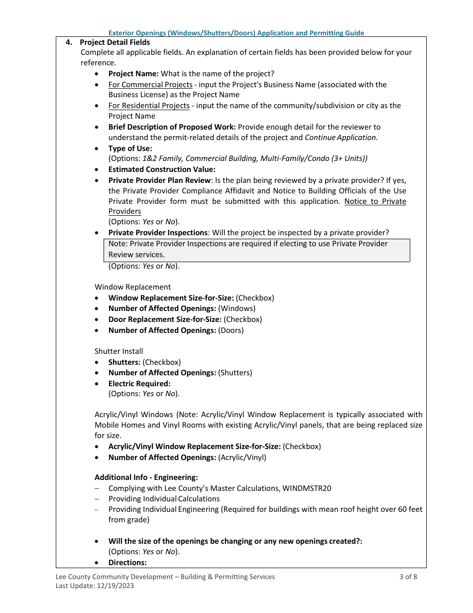 Exterior Openings (Windows / Shutters / Doors) Application and Permitting Guide - Lee County, Florida, Page 3