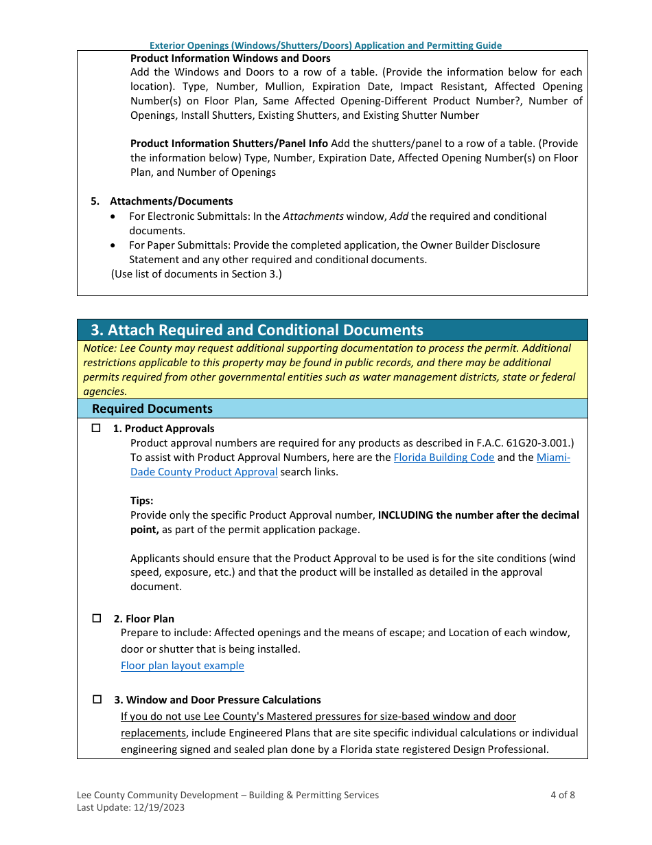 Exterior Openings (Windows / Shutters / Doors) Application and Permitting Guide - Lee County, Florida, Page 4
