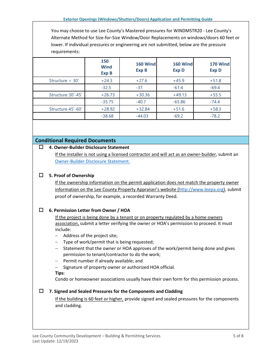 Exterior Openings (Windows / Shutters / Doors) Application and Permitting Guide - Lee County, Florida, Page 5