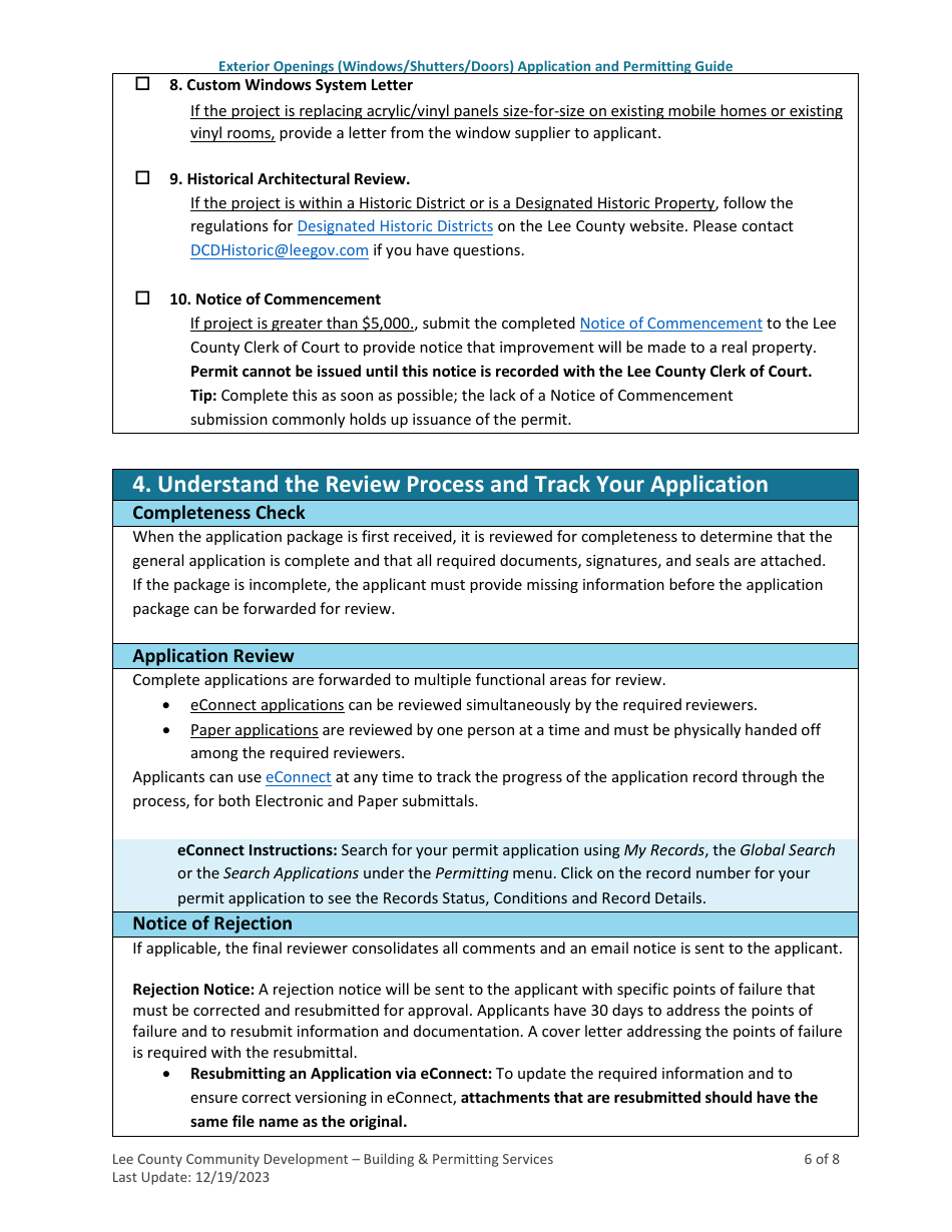 Exterior Openings (Windows / Shutters / Doors) Application and Permitting Guide - Lee County, Florida, Page 6