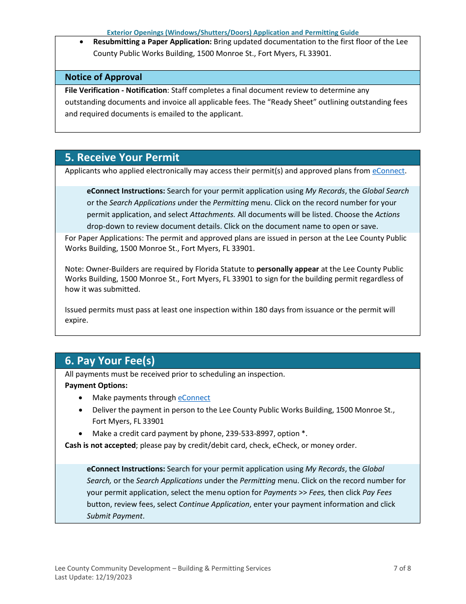Exterior Openings (Windows / Shutters / Doors) Application and Permitting Guide - Lee County, Florida, Page 7