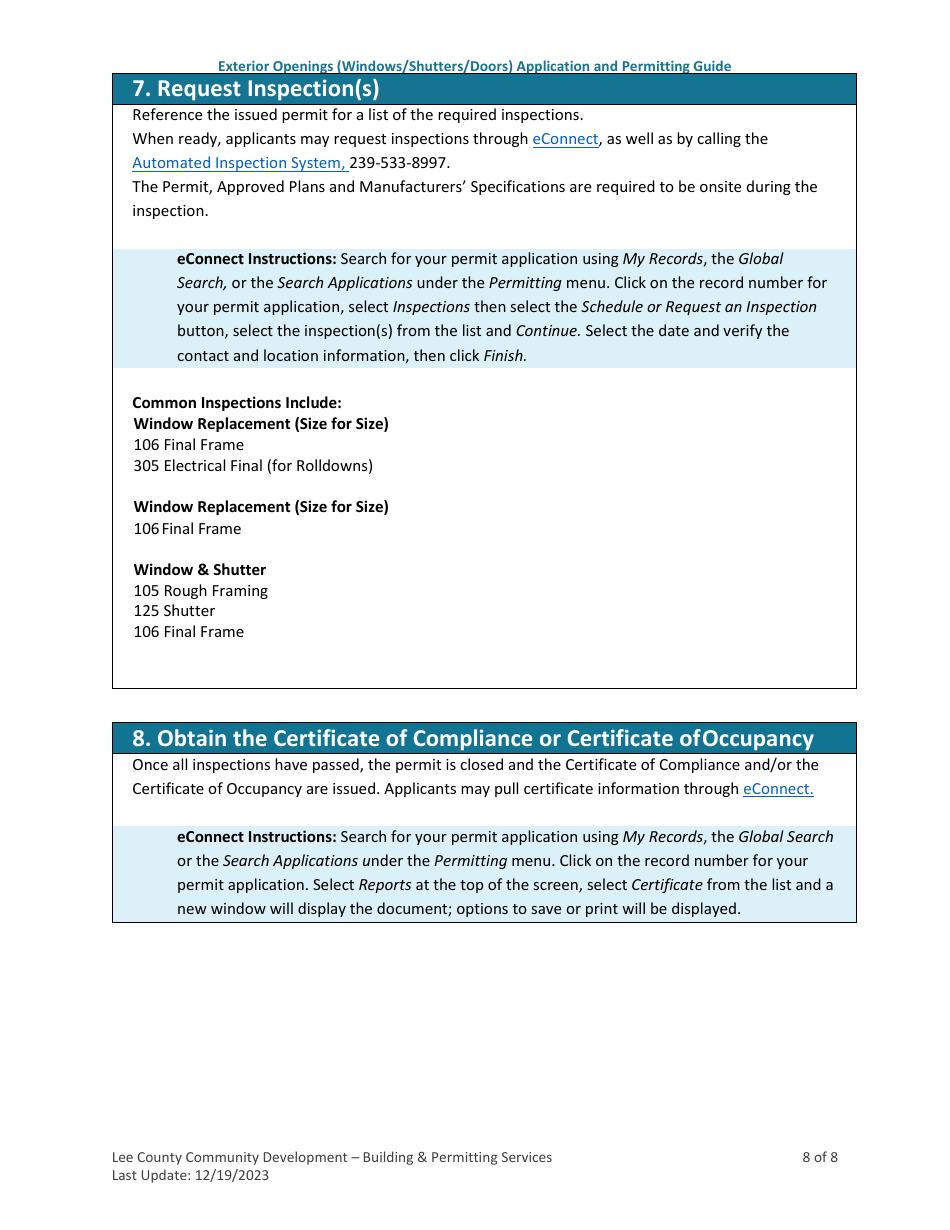 Exterior Openings (Windows / Shutters / Doors) Application and Permitting Guide - Lee County, Florida, Page 8