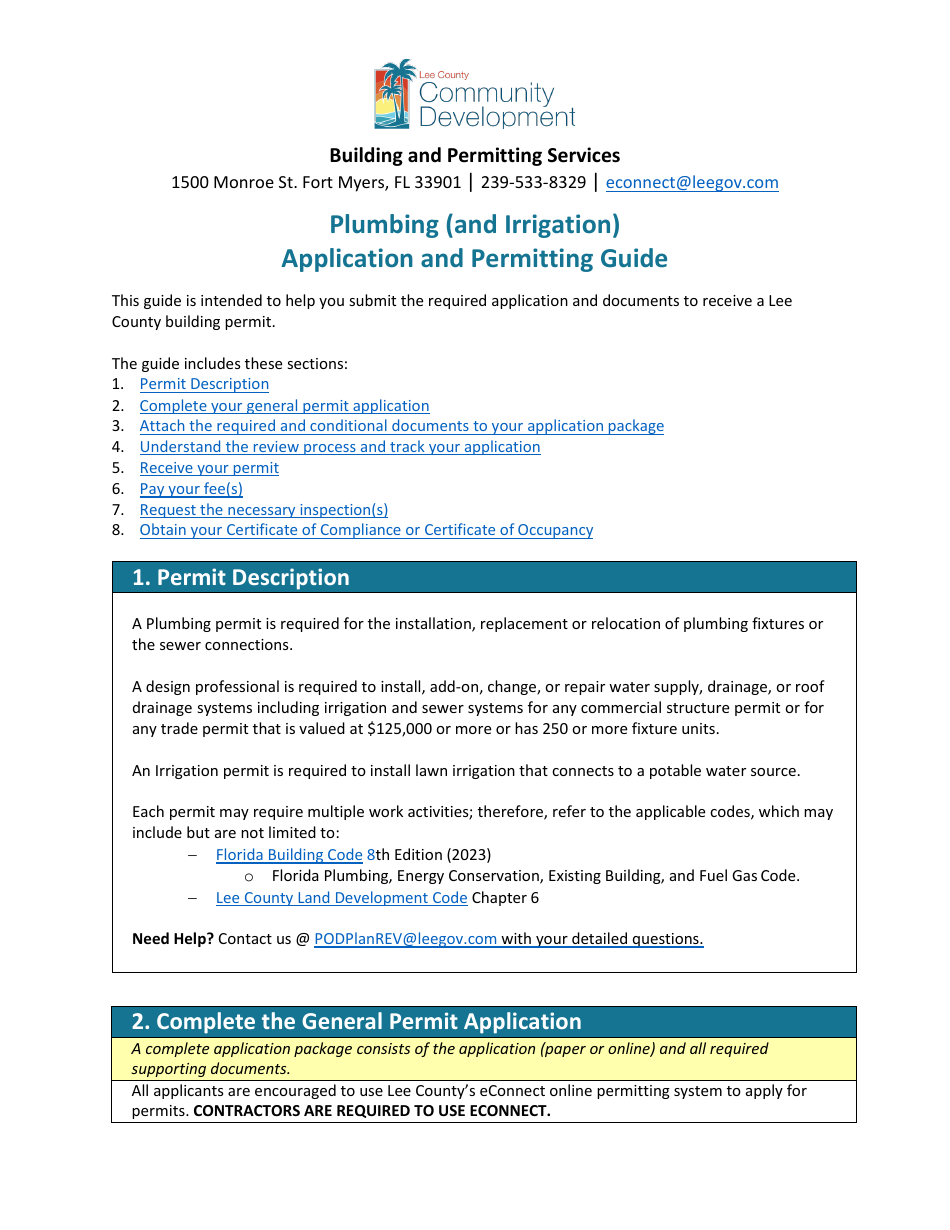 Plumbing (And Irrigation) Application and Permitting Guide - Lee County, Florida, Page 1