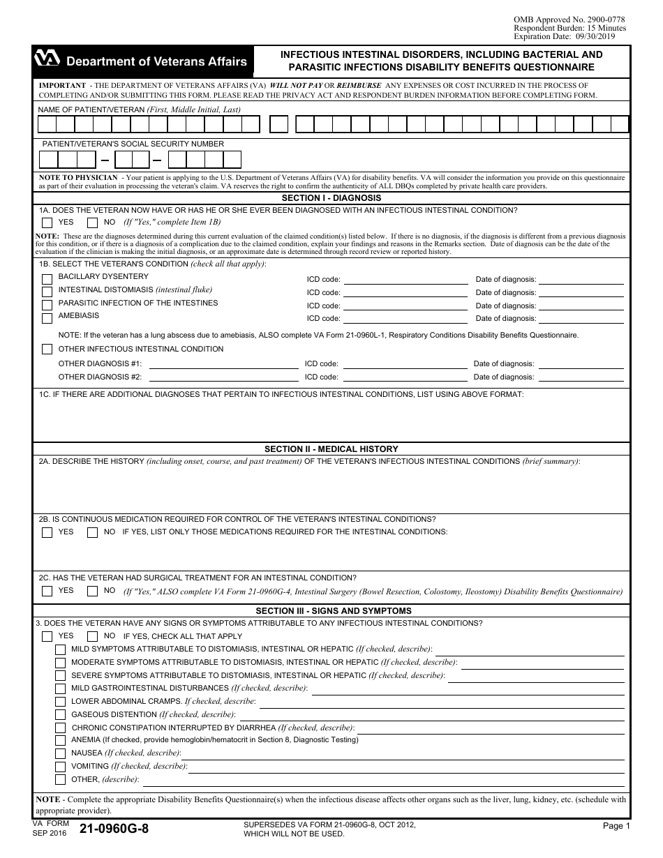 VA Form 21-0960g-8 Infectious Intestinal Disorders, Including Bacterial and Parasitic Infections Disability Benefits Questionnaire, Page 1