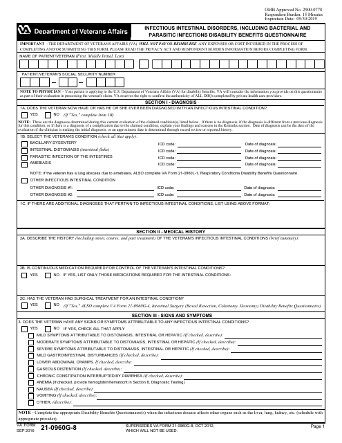 VA Form 21-0960g-8 Infectious Intestinal Disorders, Including Bacterial and Parasitic Infections Disability Benefits Questionnaire