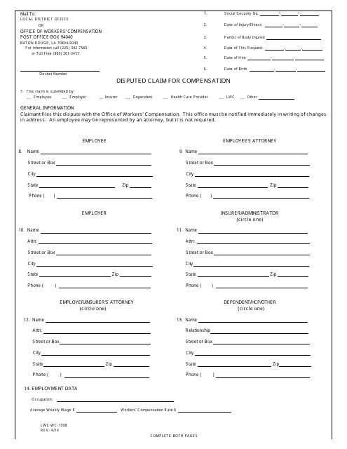 Form LWC-WC-1008  Printable Pdf