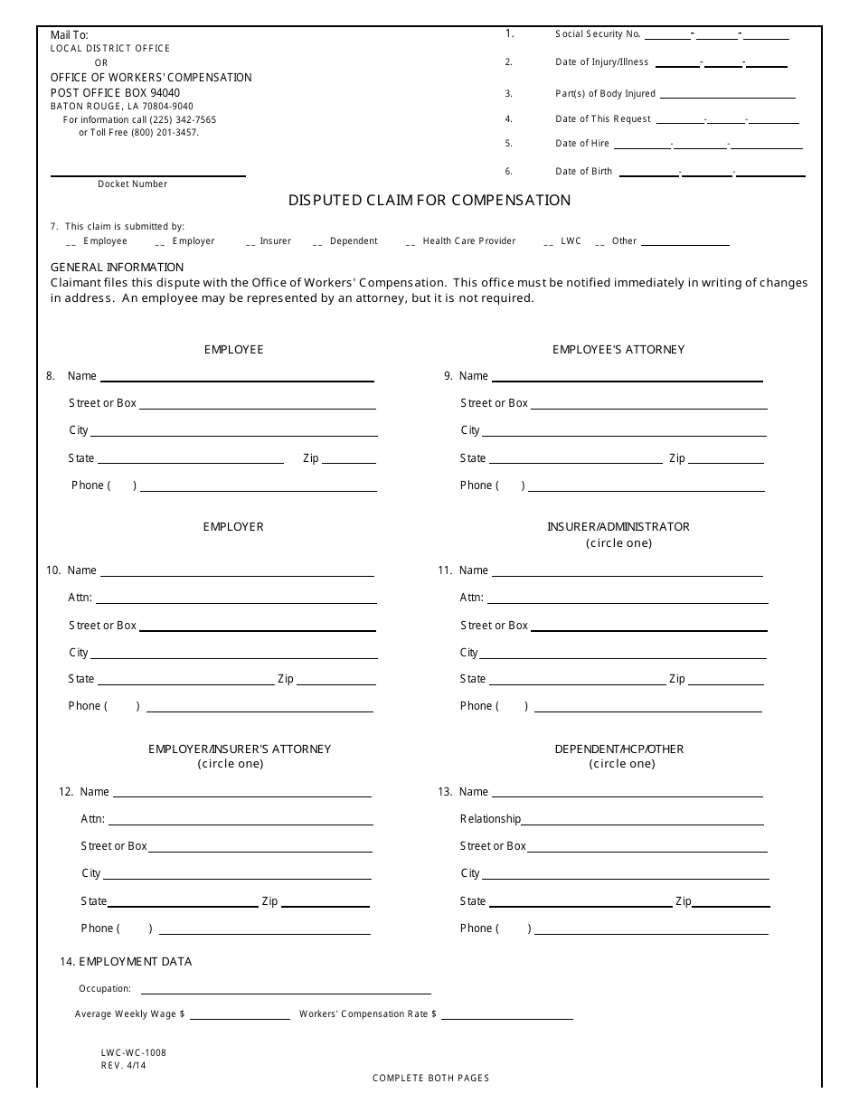 Form LWCWC1008 Fill Out, Sign Online and Download Fillable PDF