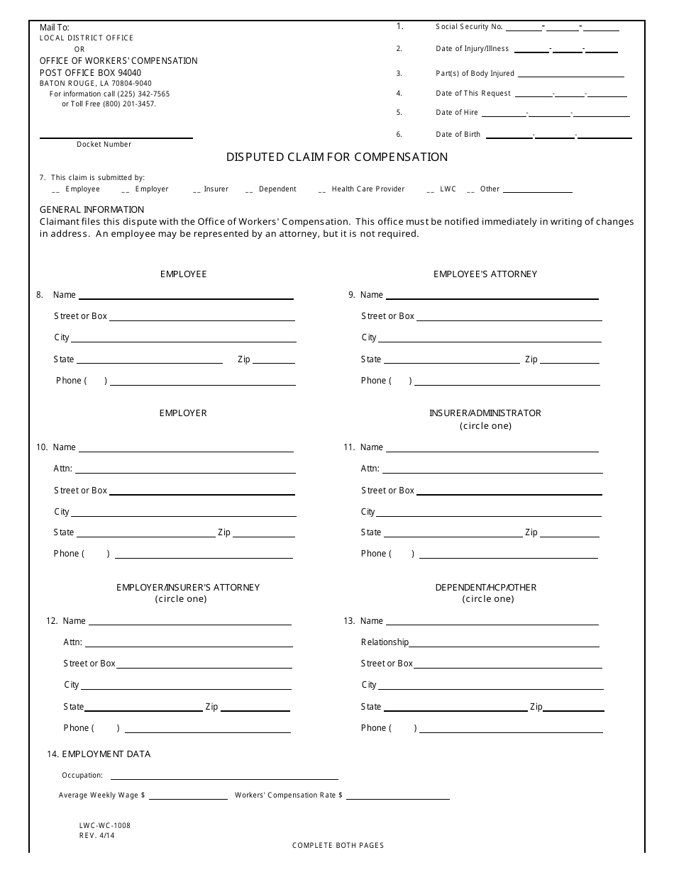 Form LWC-WC-1008 Disputed Claim for Compensation - Louisiana, Page 1