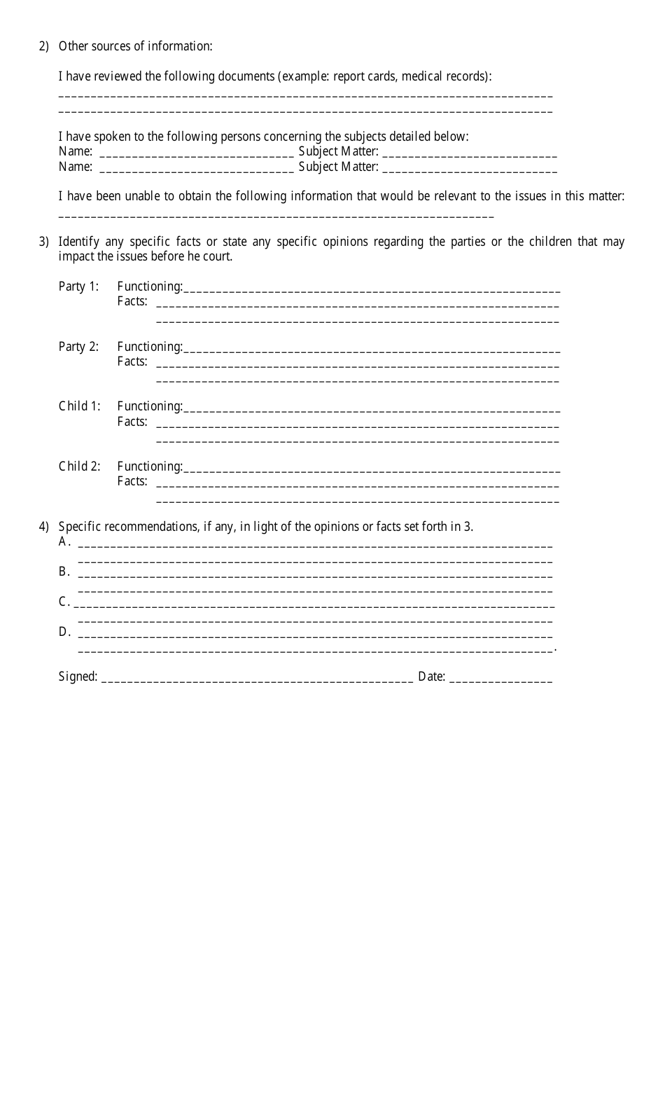 Short Form Child Custody / Visitation Evaluation Report Form, Page 2