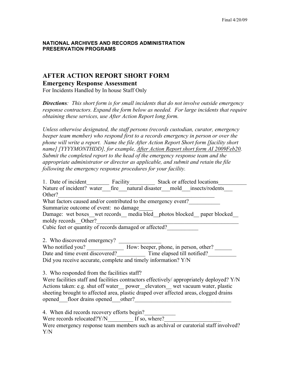 After-Action Report Short Form - Emergency Response Assessment, Page 1