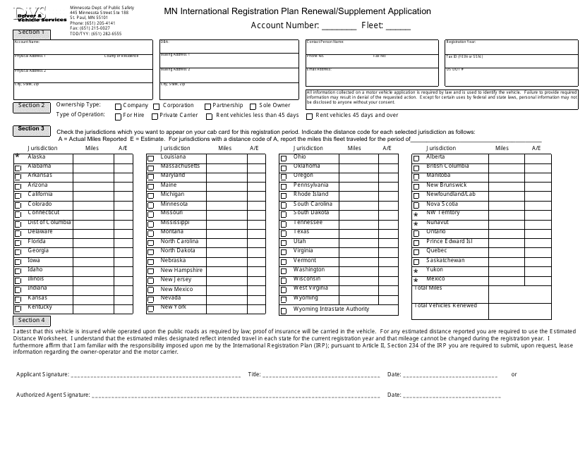 Mn International Registration Plan Renewal/Supplement Application - Minnesota