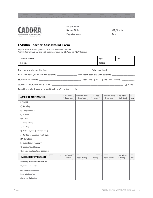 Caddra Teacher Assessment Form - Canadian Adhd Resource Alliance Download Pdf
